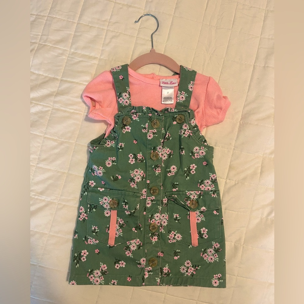 Little Lass, 2T, Green and Pink Overall Dress and Shirt